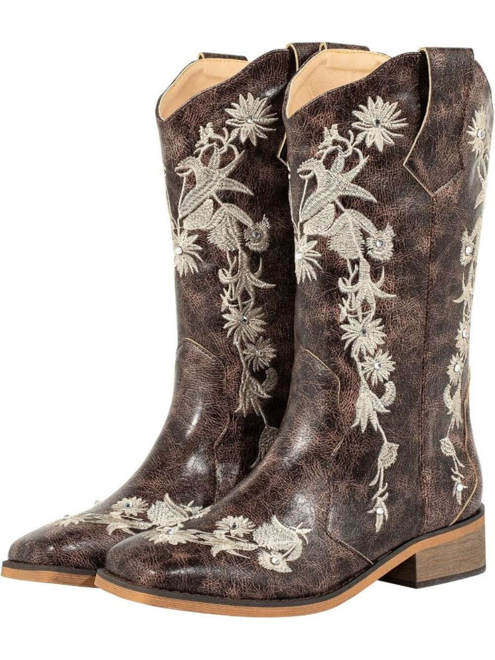 Women's Brown Floral Rhinestones Wide Calf Square Toe Cowboy Boots Western Boots